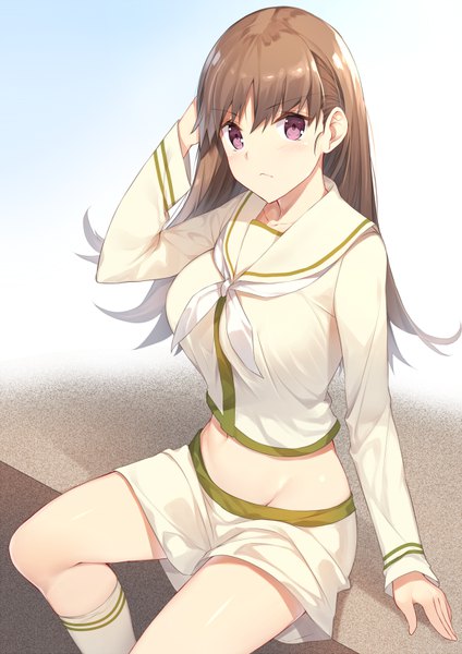 Anime picture 566x800 with kantai collection ooi light cruiser yappen single long hair tall image looking at viewer fringe breasts hair between eyes brown hair large breasts sitting purple eyes bent knee (knees) arm up midriff groin arm behind head :<