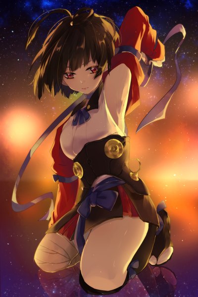 Anime picture 1060x1590 with koutetsujou no kabaneri wit studio mumei (kabaneri) hino hinako single tall image fringe short hair red eyes brown hair looking away full body ahoge armpit (armpits) kneeling reflection arm behind head girl ribbon (ribbons) star (stars)