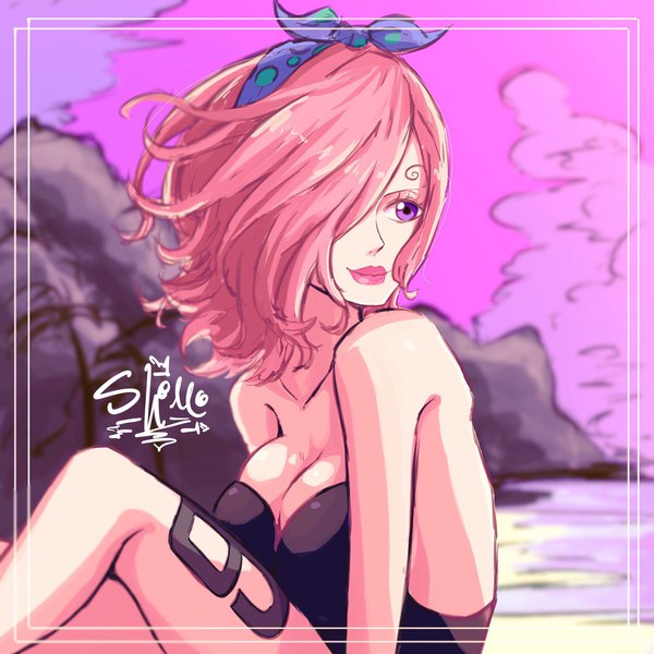 Anime picture 2048x2048 with one piece toei animation vinsmoke reiju sherumaru (korcht06) single fringe highres short hair breasts light erotic sitting purple eyes bare shoulders signed looking away pink hair cleavage cloud (clouds) outdoors light smile
