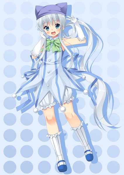 Anime picture 2480x3508 with original papico (ice cream) papico asa no ha single long hair tall image looking at viewer blush highres open mouth blue eyes silver hair polka dot polka dot background girl dress gloves socks cap