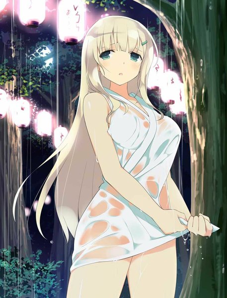 Anime picture 800x1050 with senran kagura yomi (senran kagura) yaegashi nan single long hair tall image fringe breasts blue eyes light erotic blonde hair large breasts looking away censored scan night official art night sky rain wet clothes