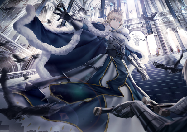 Anime picture 4093x2894 with fate (series) fate/grand order fate/stay night artoria pendragon (all) saber mordred (fate) merlin (fate) gawain (fate) lancelot (fate/grand order) junpaku karen looking at viewer blush fringe highres short hair blue eyes blonde hair hair between eyes standing multiple girls