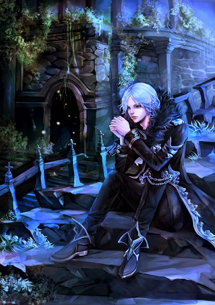 Anime picture 827x1169 with original unisha single tall image short hair sitting blue hair looking away black eyes hands clasped boy plant (plants) boots fur building (buildings) chain cloak stairs