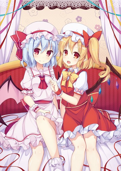 Anime picture 1446x2045 with touhou flandre scarlet remilia scarlet amemiya ruki tall image looking at viewer fringe short hair open mouth blonde hair smile hair between eyes red eyes sitting multiple girls blue hair :d pointy ears puffy sleeves one side up