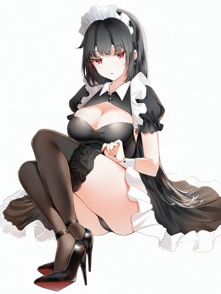 Anime picture 1875x2500 with original yukineko1018 single long hair tall image looking at viewer fringe highres breasts light erotic black hair simple background red eyes large breasts white background sitting payot cleavage full body bent knee (knees)