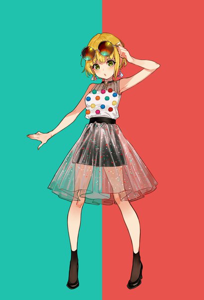 Anime picture 750x1100 with idolmaster idolmaster cinderella girls miyamoto frederica yuu (higashi no penguin) single tall image looking at viewer blush fringe short hair open mouth blonde hair simple background standing green eyes payot full body arm up high heels sleeveless