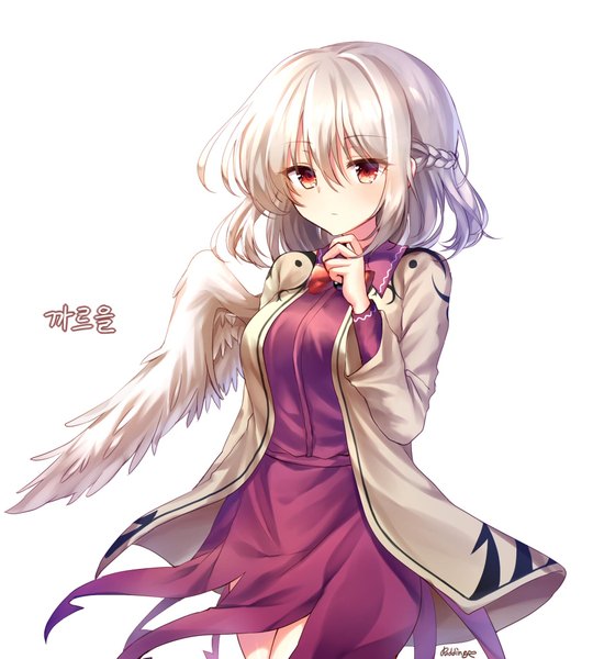 Anime picture 1843x2047 with touhou kishin sagume pudding (skymint 028) single tall image fringe highres short hair simple background hair between eyes red eyes white background signed looking away silver hair open jacket text half updo single wing korean