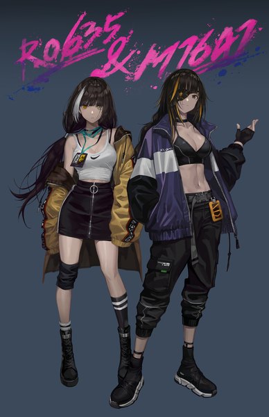 Anime picture 1113x1720 with girls frontline m16a1 (girls frontline) ro635 (girls frontline) m2 (guvn5745) long hair tall image looking at viewer fringe breasts black hair simple background smile twintails multiple girls yellow eyes cleavage full body braid (braids) multicolored hair off shoulder