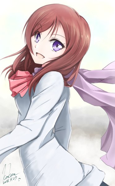 Anime picture 1000x1618 with love live! school idol project sunrise (studio) love live! nishikino maki kem kem single long hair tall image looking at viewer open mouth purple eyes signed red hair girl scarf
