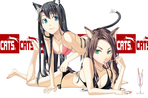 Anime picture 1350x900 with original kimura (ykimu) long hair looking at viewer breasts blue eyes light erotic black hair white background multiple girls green eyes animal ears tail animal tail cat ears cat girl cat tail girl 2 girls swimsuit