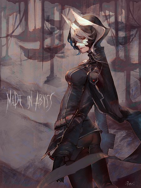 Anime picture 661x879 with made in abyss kinema citrus ozen fori estrie single tall image fringe short hair black hair smile hair between eyes standing signed white hair eyes closed multicolored hair from behind inscription two-tone hair