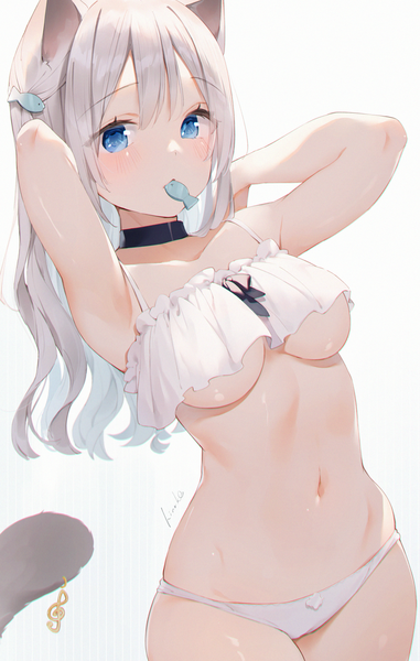 Anime picture 1198x1884 with virtual youtuber indie virtual youtuber amanagi el kinako (shiratama mochi) single long hair tall image looking at viewer blush fringe breasts blue eyes light erotic simple background hair between eyes large breasts standing holding signed animal ears
