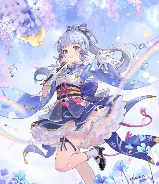 Anime picture 1776x2048 with genshin impact kamisato ayaka issign single long hair tall image looking at viewer fringe highres standing silver hair ponytail blunt bangs standing on one leg silver eyes girl gloves flower (flowers) bow hair bow