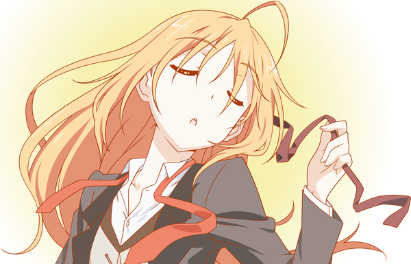 Anime picture 4000x2570 with mayo chiki! feel (studio) konoe subaru single long hair highres blonde hair absurdres ahoge eyes closed girl ribbon (ribbons)