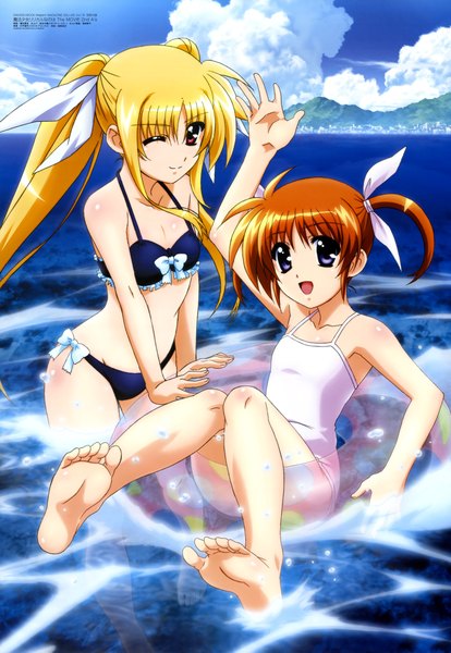 Anime picture 6069x8793 with mahou shoujo lyrical nanoha megami magazine fate testarossa takamachi nanoha long hair tall image highres short hair open mouth blonde hair smile red eyes purple eyes twintails multiple girls absurdres one eye closed wink orange hair official art