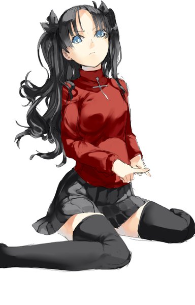 Anime picture 1024x1600 with fate (series) fate/zero type-moon toosaka rin tagme (artist) single long hair tall image looking at viewer breasts blue eyes black hair simple background white background sitting twintails pleated skirt girl thighhighs skirt