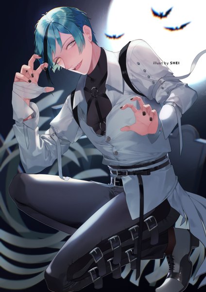 Anime picture 1415x2000 with twisted wonderland floyd leech shei99 single tall image looking at viewer short hair open mouth signed nail polish multicolored hair aqua hair streaked hair heterochromia squat halloween black nail polish claw pose boy animal