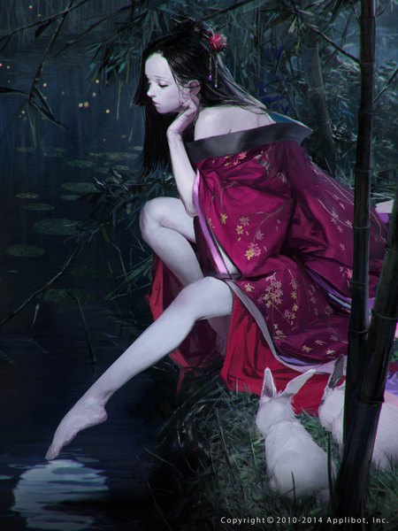 Anime picture 3000x4000 with totorrl (artist) single long hair tall image highres sitting bare shoulders animal ears looking away bent knee (knees) traditional clothes japanese clothes barefoot lips night wide sleeves bare legs bunny ears legs reflection