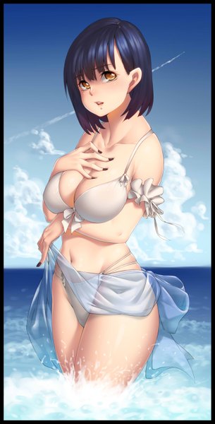 Anime picture 1467x2884 with original yin-ting tian single tall image short hair breasts light erotic black hair large breasts yellow eyes groin girl navel swimsuit bikini pareo