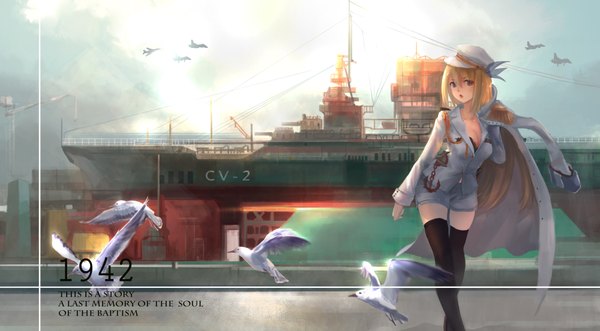 Anime picture 4000x2209 with magician (china) single long hair looking at viewer highres open mouth blonde hair wide image absurdres black eyes girl thighhighs black thighhighs animal shorts bird (birds) sailor suit peaked cap watercraft ship