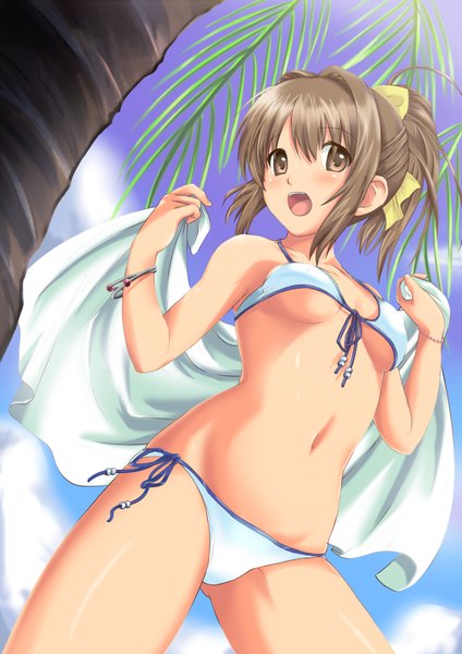 Anime picture 1666x2356 with tall image highres open mouth light erotic brown hair brown eyes ponytail girl navel swimsuit plant (plants) bikini tree (trees) bracelet white bikini palm tree