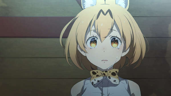 Anime picture 1280x720 with kemono friends serval (kemono friends) harusabin single looking at viewer fringe short hair blonde hair hair between eyes wide image animal ears yellow eyes upper body tears face girl insect butterfly