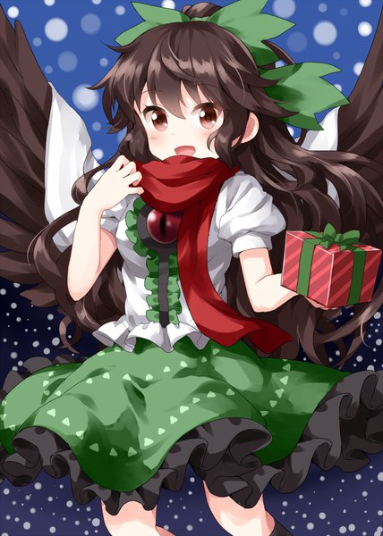 Anime picture 1000x1400 with touhou reiuji utsuho ruu (tksymkw) single long hair tall image looking at viewer blush open mouth red eyes brown hair :d black wings girl wings scarf gift red scarf gift box