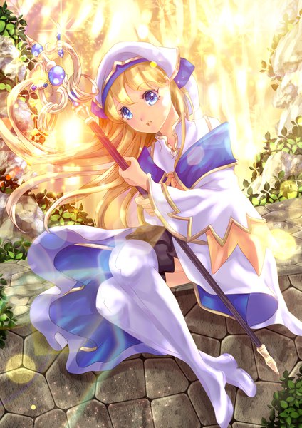 Anime picture 2894x4093 with goblin slayer! priestess (goblin slayer!) aat47210 single long hair tall image looking at viewer blush fringe highres open mouth blue eyes blonde hair smile sitting holding full body bent knee (knees) outdoors long sleeves