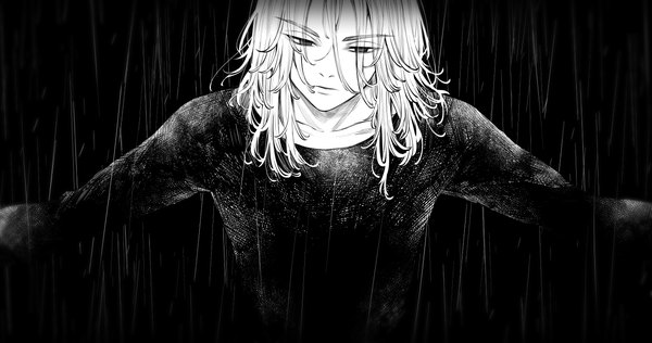 Anime picture 5500x2894 with tokyo revengers sano manjirou pizza oisii6 single long hair highres wide image absurdres upper body looking down monochrome spread arms rain expressionless boy
