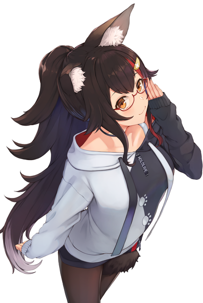 Anime picture 1358x2025 with virtual youtuber hololive ookami mio ookami mio (3rd costume) piisu single long hair tall image black hair simple background smile white background animal ears ponytail multicolored hair from above streaked hair official alternate costume wolf ears adjusting glasses