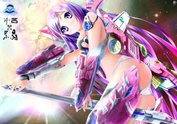 Anime picture 2000x1408 with strike witches tagme (character) garyljq long hair highres light erotic purple eyes purple hair ass space mecha musume girl weapon planet