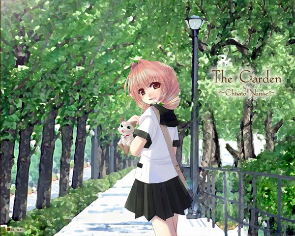 Anime picture 1280x1024 with naruse chisato single looking at viewer fringe short hair open mouth smile standing holding pink hair outdoors head tilt pink eyes looking back light green background girl uniform plant (plants) school uniform