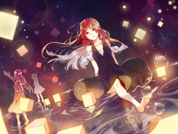 Anime picture 1024x768 with original vocaloid omutatsu long hair red eyes standing red hair blurry night bare legs dutch angle depth of field night sky partially submerged floating hair lens flare flat chest red background walking silhouette