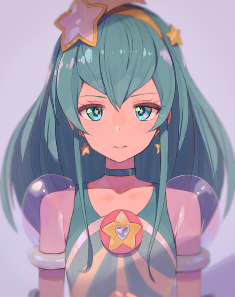 Anime picture 812x1024 with precure star twinkle precure toei animation hagoromo lala cure milky tomioka jirou single long hair tall image looking at viewer simple background payot upper body aqua eyes aqua hair symbol-shaped pupils purple background magical girl girl hair ornament