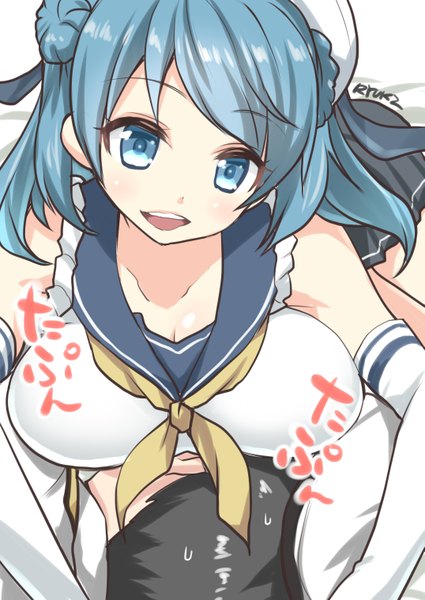 Anime picture 2149x3035 with kantai collection admiral (kantai collection) urakaze destroyer ryuki (ryukisukune) tall image blush highres short hair breasts blue eyes light erotic black hair large breasts signed blue hair lying hair bun (hair buns) sweat girl boy