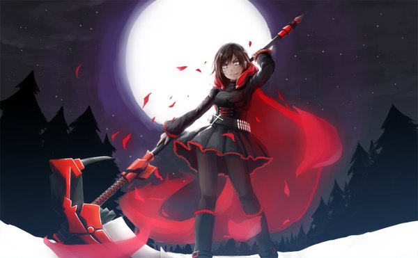 Anime picture 1452x900 with rwby rooster teeth ruby rose single looking at viewer short hair brown hair wide image yellow eyes night girl dress weapon plant (plants) tree (trees) boots belt moon cape forest