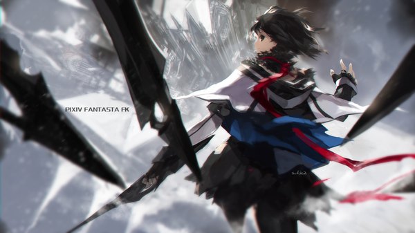 Anime picture 1889x1062 with original pixiv fantasia paradise (character) swd3e2 single highres short hair black hair wide image signed inscription grey eyes turning head snow falling midair girl dress weapon building (buildings)