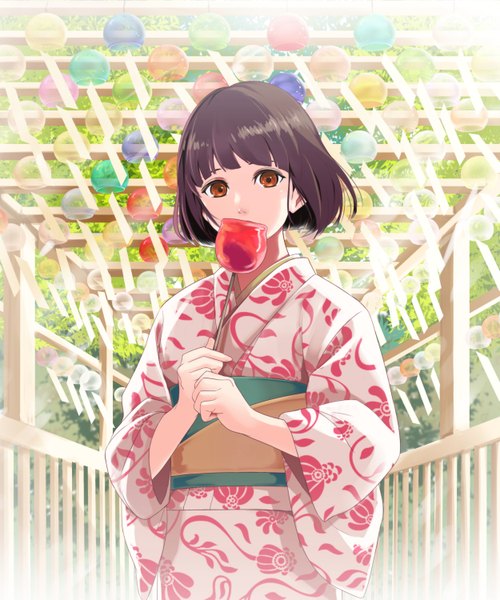 Anime picture 1250x1500 with original sakura (usagi punch) single tall image looking at viewer short hair brown hair holding brown eyes traditional clothes japanese clothes wind summer festival girl plant (plants) tree (trees) food bell fruit