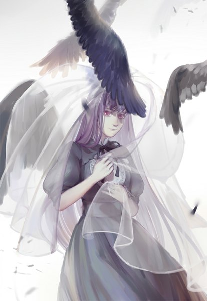 Anime picture 700x1017 with original lantty single long hair tall image looking at viewer fringe standing purple eyes purple hair girl dress ribbon (ribbons) feather (feathers) veil