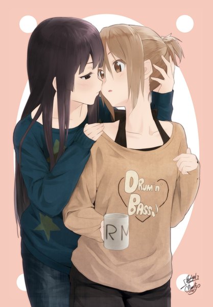 Anime picture 1392x2000 with k-on! kyoto animation akiyama mio tainaka ritsu zasshu tamashii (artist) long hair tall image short hair open mouth black hair brown hair multiple girls brown eyes signed black eyes shoujo ai almost kiss girl 2 girls sweater