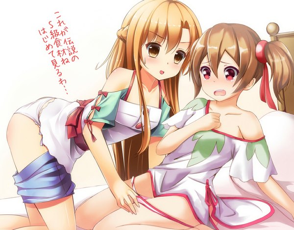 Anime picture 1020x800 with sword art online a-1 pictures yuuki asuna silica ok-ray long hair blush open mouth light erotic red eyes brown hair twintails multiple girls brown eyes short twintails shoujo ai girl underwear panties 2 girls