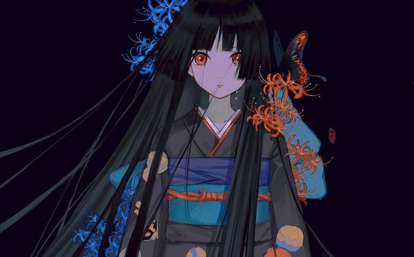 Anime picture 2160x1343 with hell girl studio deen enma ai houraisan chouko single long hair looking at viewer highres black hair simple background red eyes wide image upper body traditional clothes japanese clothes tears black background hime cut girl flower (flowers)
