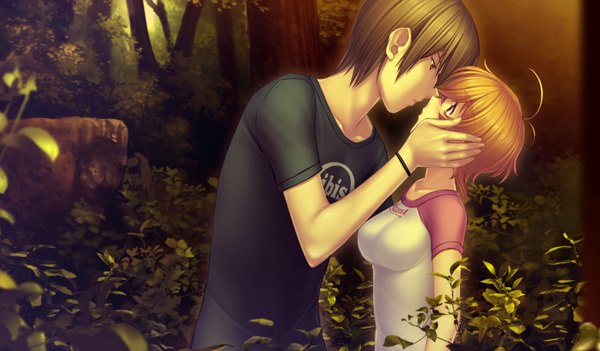 Anime picture 1024x600 with kimi ga ita kisetsu brown hair wide image game cg orange hair couple almost kiss girl boy