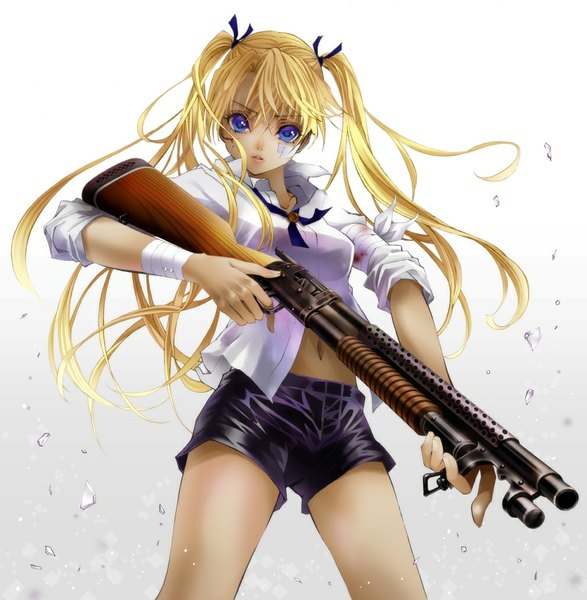 Anime picture 992x1015 with gunslinger girl madhouse triela yuzu 5101 long hair tall image looking at viewer blue eyes simple background blonde hair white background twintails girl navel weapon shirt shorts gun blood bandage (bandages)