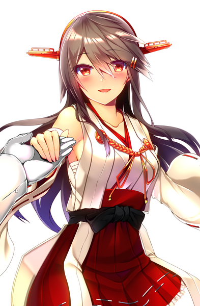 Anime picture 1500x2285 with kantai collection haruna battleship tsukui kachou long hair tall image looking at viewer blush fringe open mouth simple background hair between eyes red eyes brown hair standing white background bare shoulders traditional clothes japanese clothes pleated skirt wide sleeves