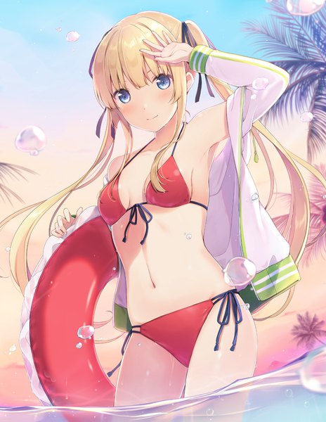 Anime picture 650x840 with saenai heroine no sodatekata a-1 pictures sawamura spencer eriri 6u (eternal land) single long hair tall image looking at viewer blush fringe breasts blue eyes light erotic blonde hair smile hair between eyes standing twintails payot sky