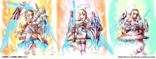 Anime picture 2000x754 with loiza long hair looking at viewer highres breasts blue eyes light erotic blonde hair wide image large breasts multiple persona mechanical wings girl thighhighs dress weapon sword wings garter straps halo