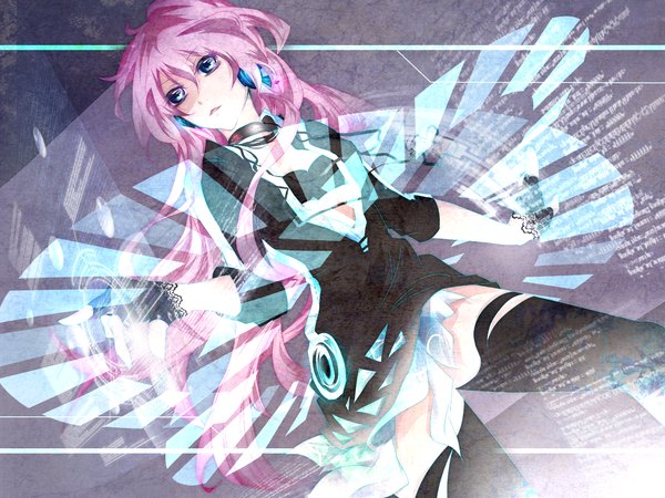 Anime picture 1500x1125 with vocaloid megurine luka tyouya single long hair fringe blue eyes looking away pink hair lying aqua eyes open clothes open shirt girl thighhighs dress gloves black thighhighs headphones fingerless gloves