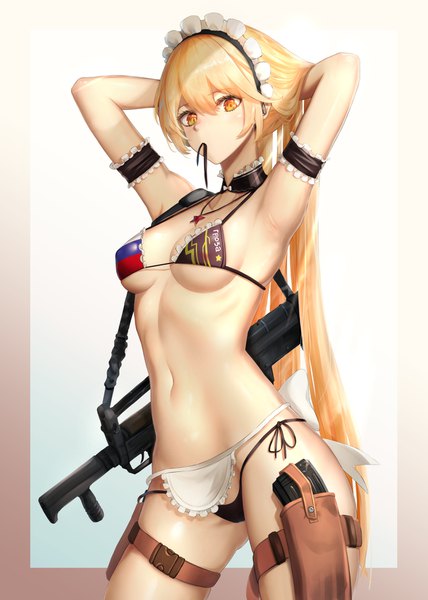 Anime-Bild 1276x1789 mit girls frontline ots-14 (girls frontline) chaciooh single tall image looking at viewer fringe breasts light erotic simple background blonde hair hair between eyes standing white background holding yellow eyes very long hair bare belly mouth hold underboob