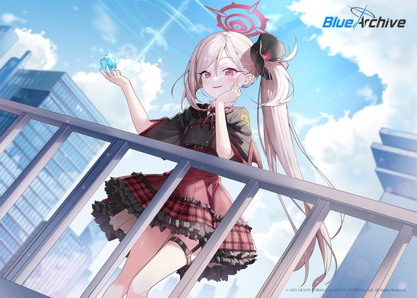 Anime picture 1200x857 with blue archive mutsuki (blue archive) ronopu single long hair blonde hair purple eyes sky cloud (clouds) outdoors official art sparkle dutch angle copyright name side ponytail looking down head rest girl thigh strap building (buildings)